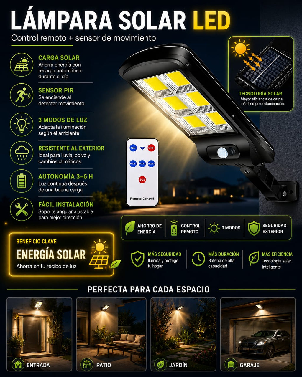 Seguridad Solar 24/7 - Lámpara con Sensor y Control Remoto