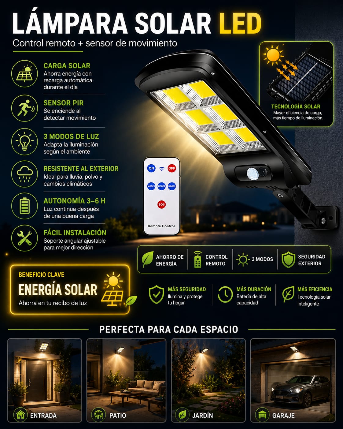 Seguridad Solar 24/7 - Lámpara con Sensor y Control Remoto